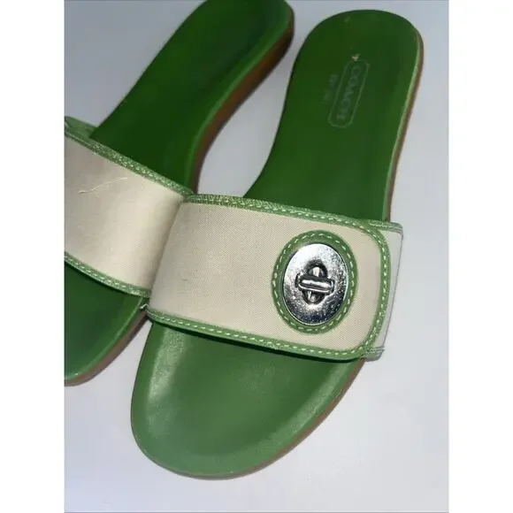 Coach Gabriella Green And Cream Turn Lock Slides. Sz 7.5 Read Description - Picture 2 of 10